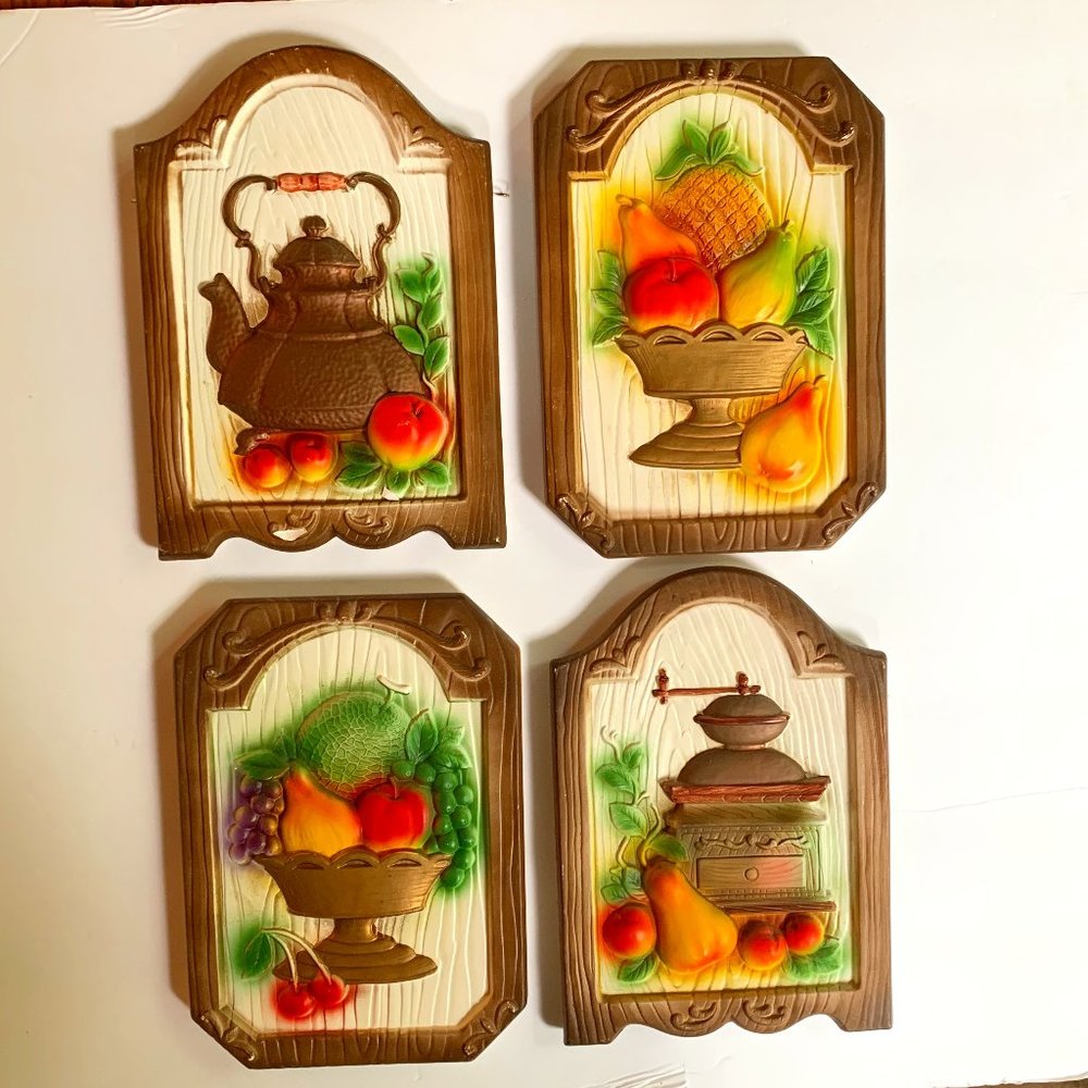 4 VTG Chalkware Fruit Coffee Grinder Japan Kitchen Plaques Retro Cottage